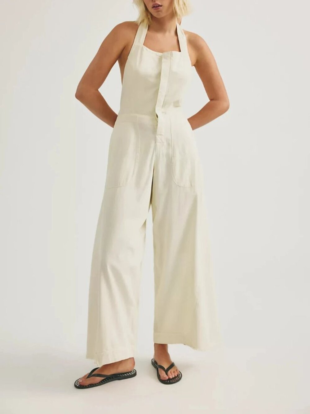 Free People We The Free Phoenix Solid Overall Jumpsuit Halter Wide-Leg XS 288369